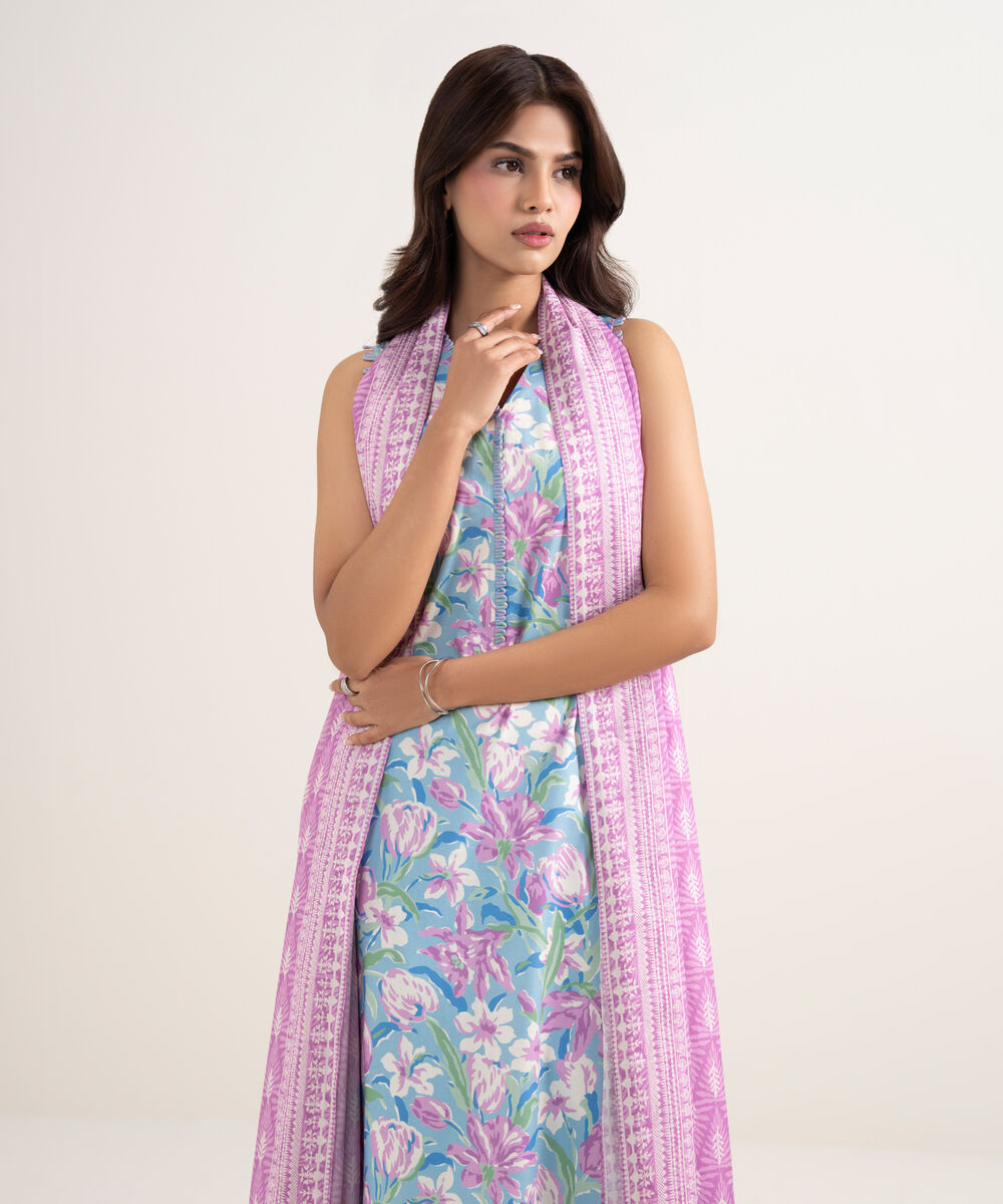 Women's Unstitched Lawn Blue Printed 3 Piece Suit