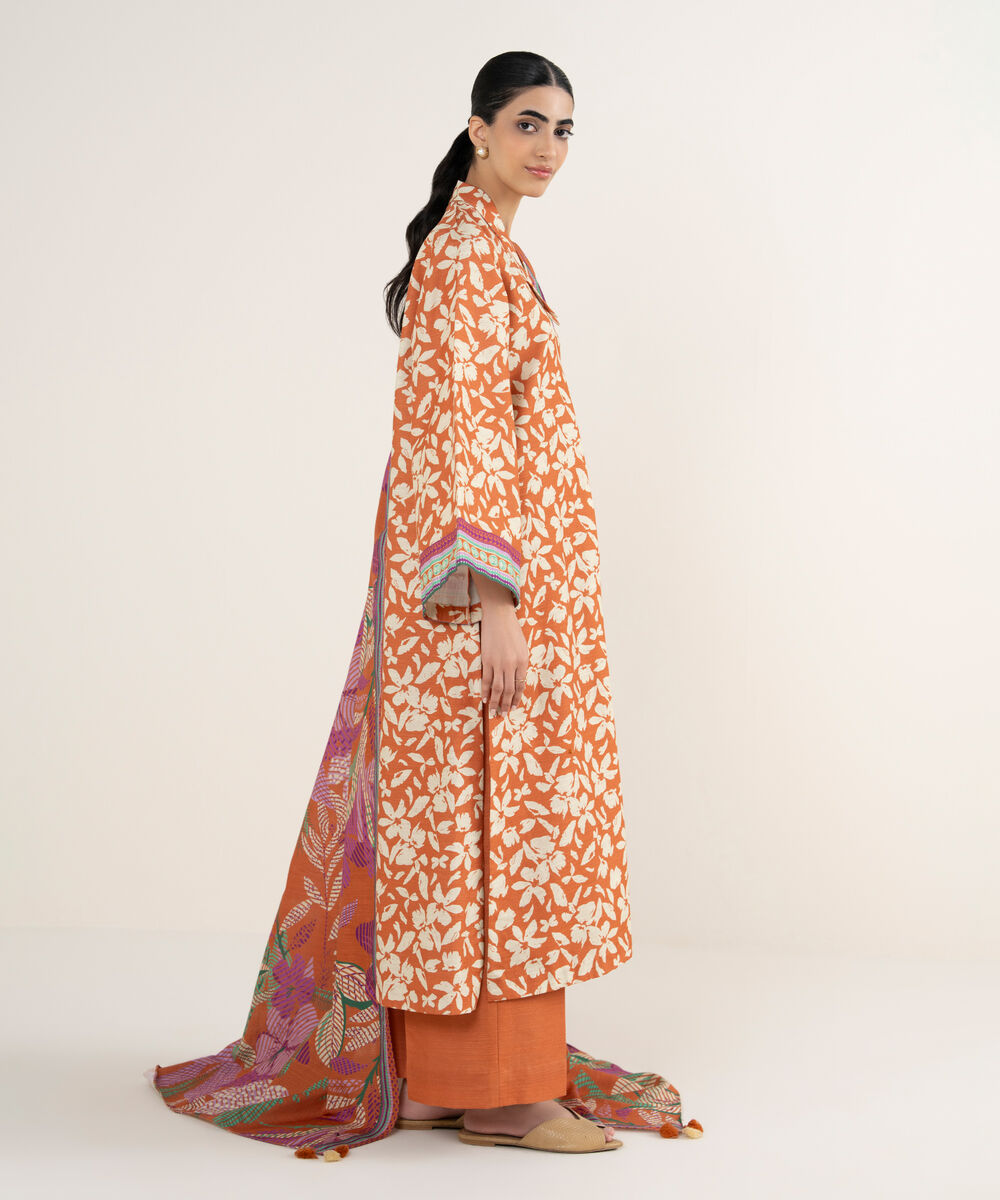 Women's Unstitched Printed Khaddar Rust Orange and Off White 3 Piece Suit
