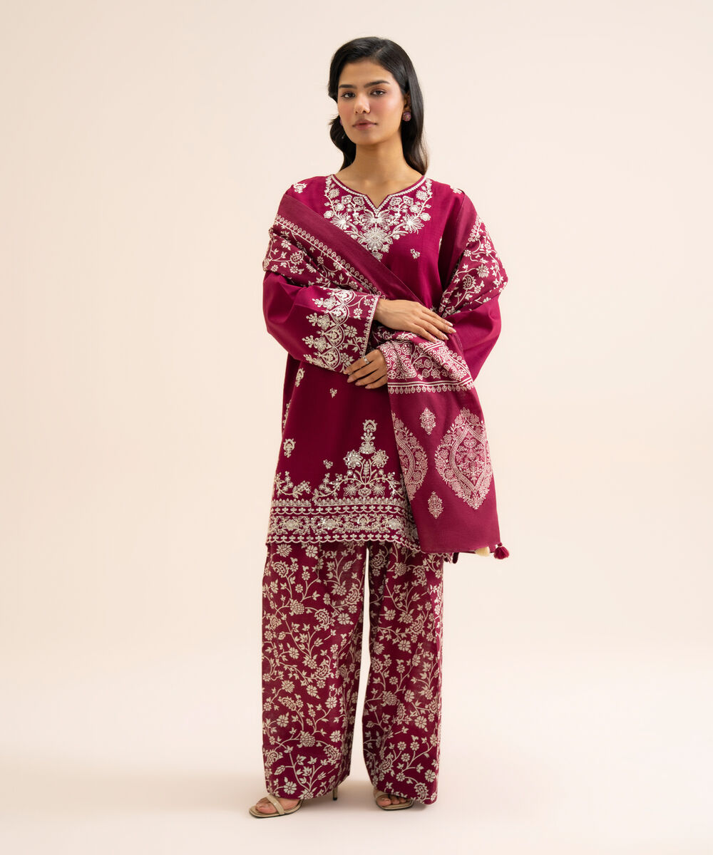 Women's Unstitched Light Khaddar Embroidered Plum 3 Piece Suit