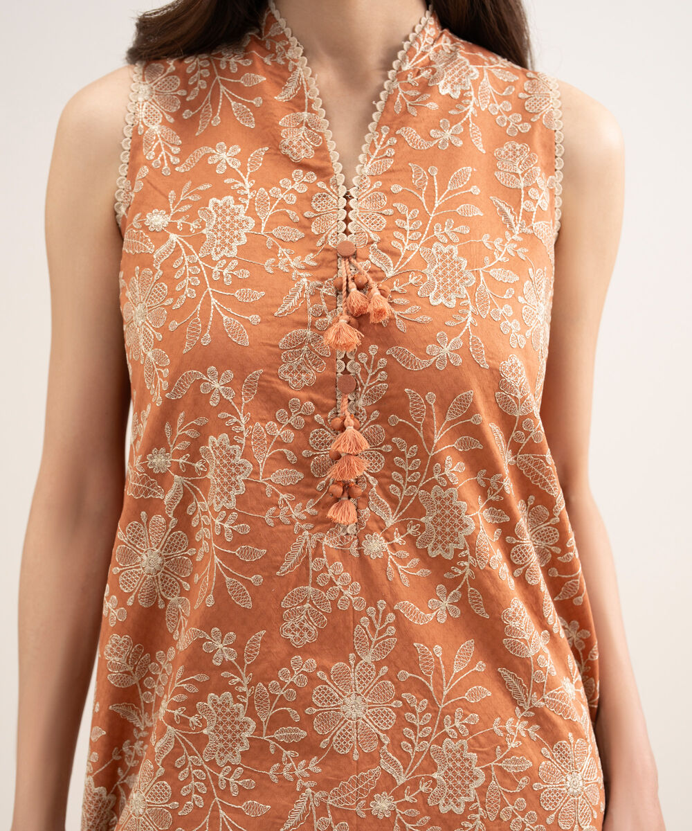 Women's Unstitched Dobby Embroidered Orange 3 Piece Suit