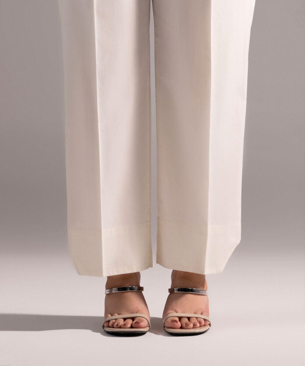 Women's RTW Poplin Solid Off White Straight Pants