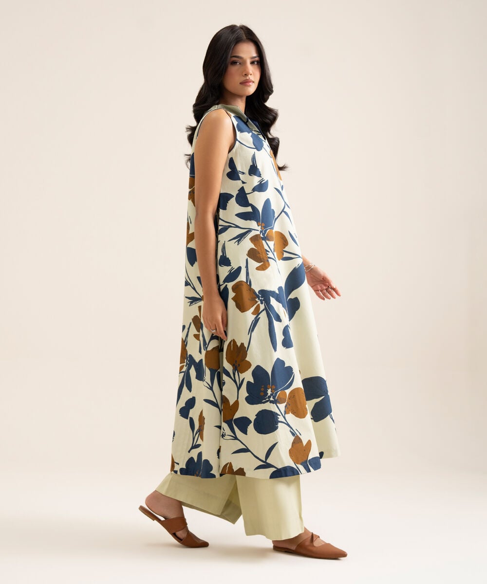 Women's Unstitched Cotton Printed Off White 2 Piece Suit