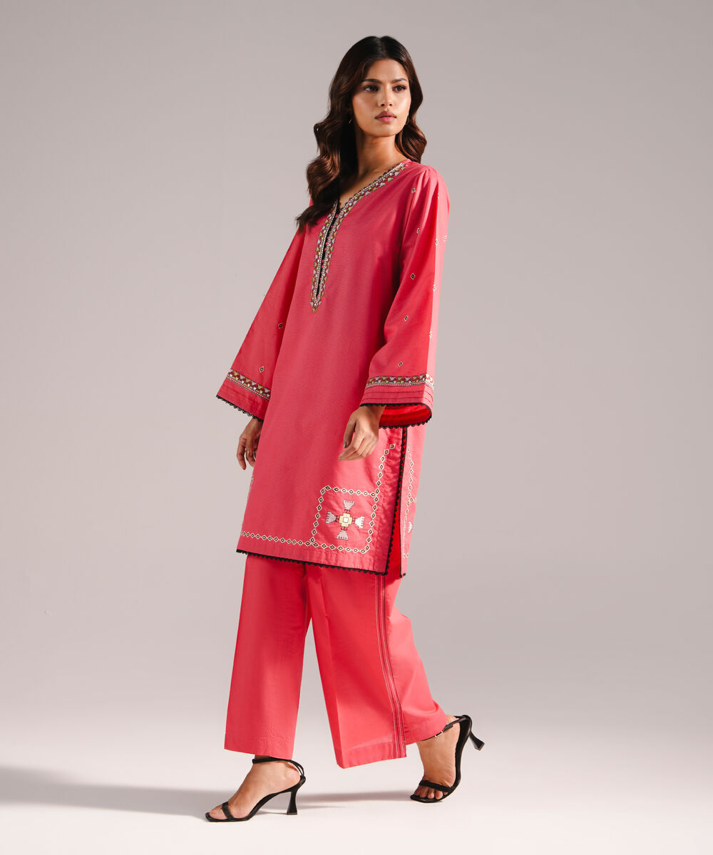 Women's RTW Zari Lawn Embroidered Coral Red Straight Shirt