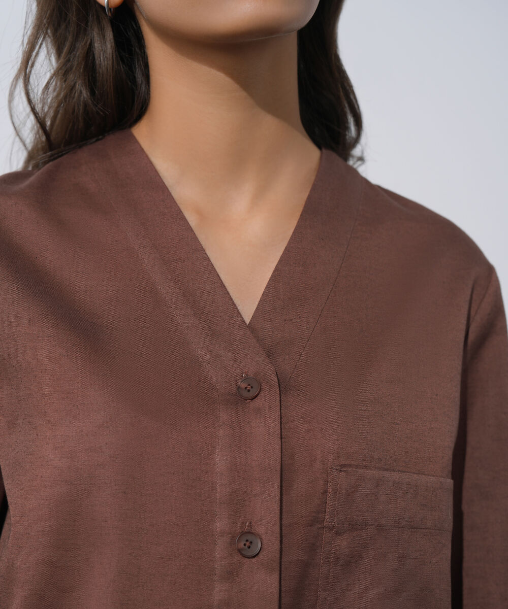 Women's Western Wear Brown V-Neck Linen Blend Shirt