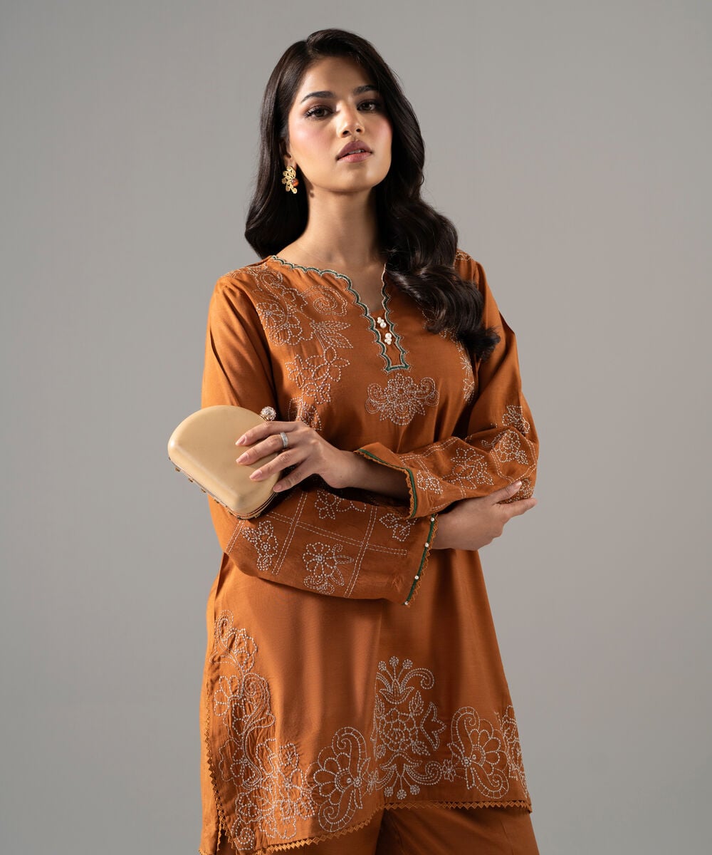 Women's RTW Viscose Raw Silk Solid Embroidered Brown 2 Piece Suit