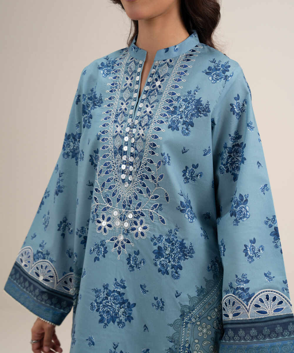 Women's Unstitched Lawn Embroidered Ice Blue 3 Piece Suit