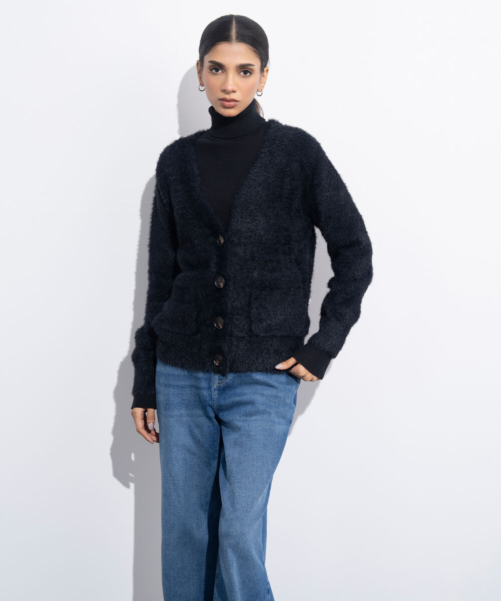 Women's Western Wear Black Fuzzy Knit Cardigan