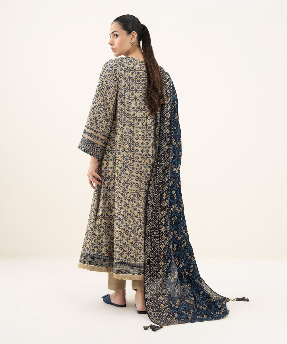 Women's Unstitched Embroidered Khaddar Beige 3 Piece Suit