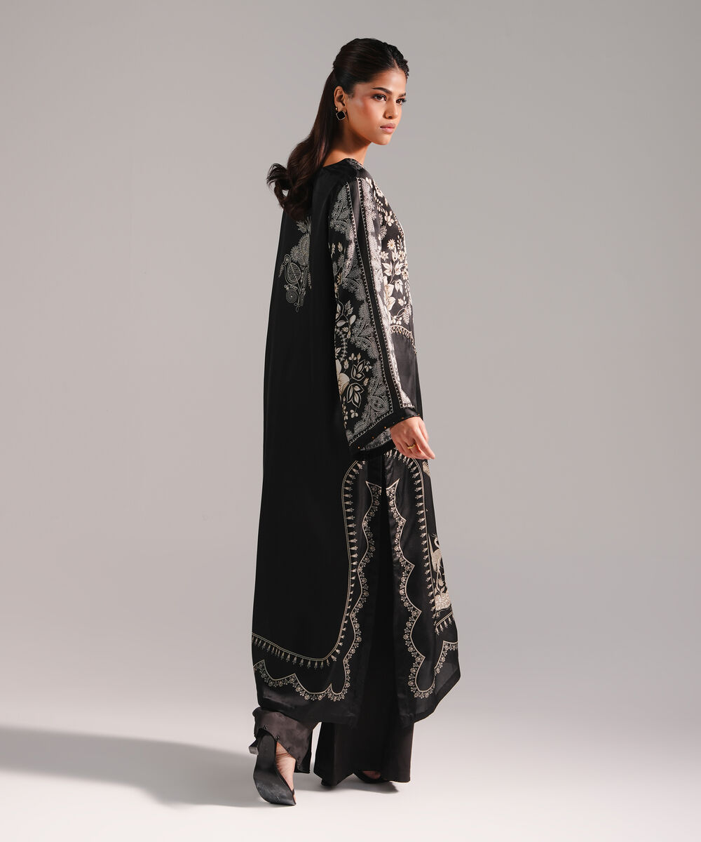Women's RTW Blended Satin Printed Dark Brown 2 Piece Suit