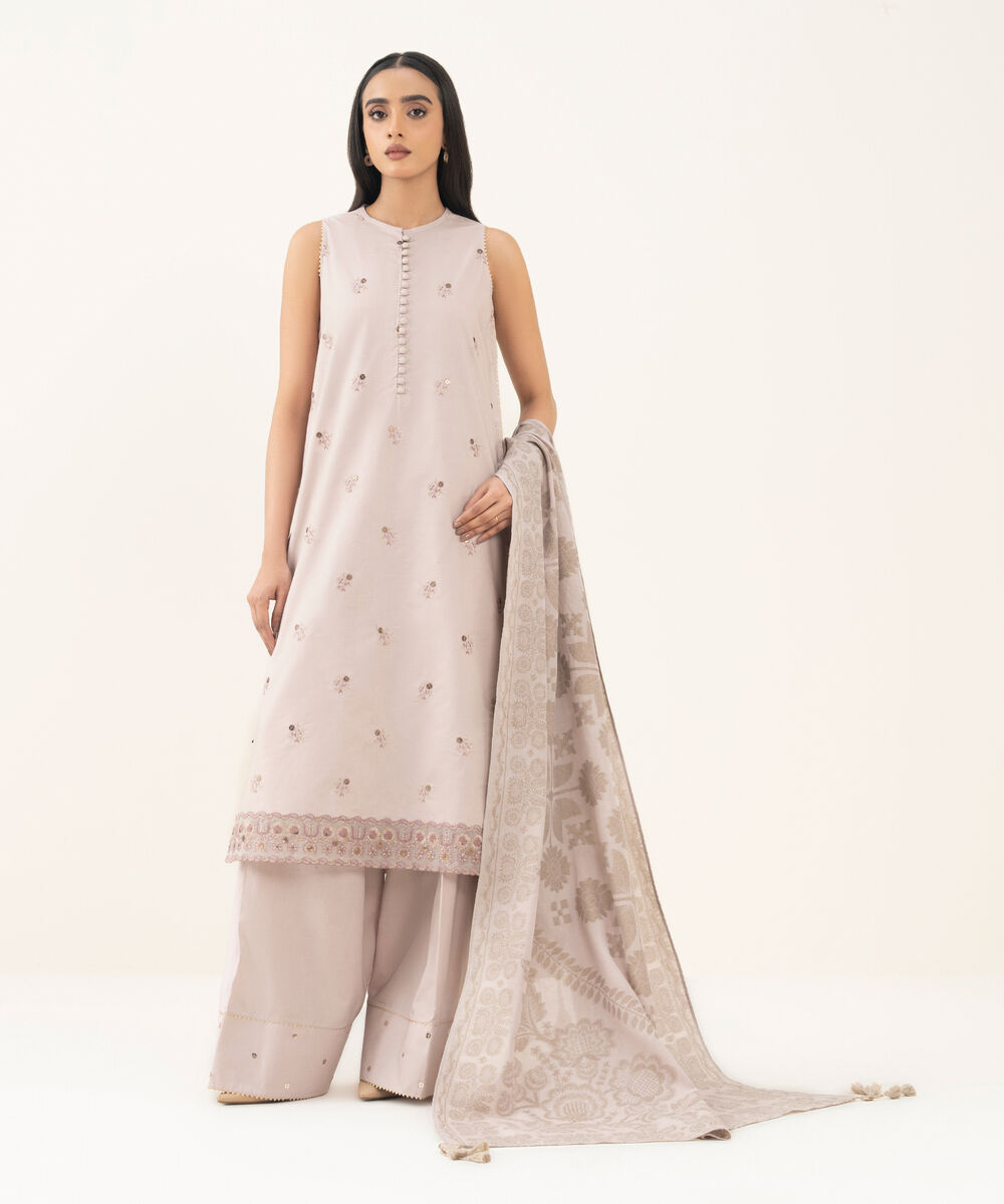 Women's Unstitched Embroidered Cotton Light Tea Pink 3 Piece Suit