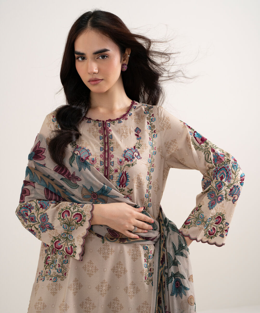 Women's Unstitched Lawn Embroidered Beige 3 Piece Suit