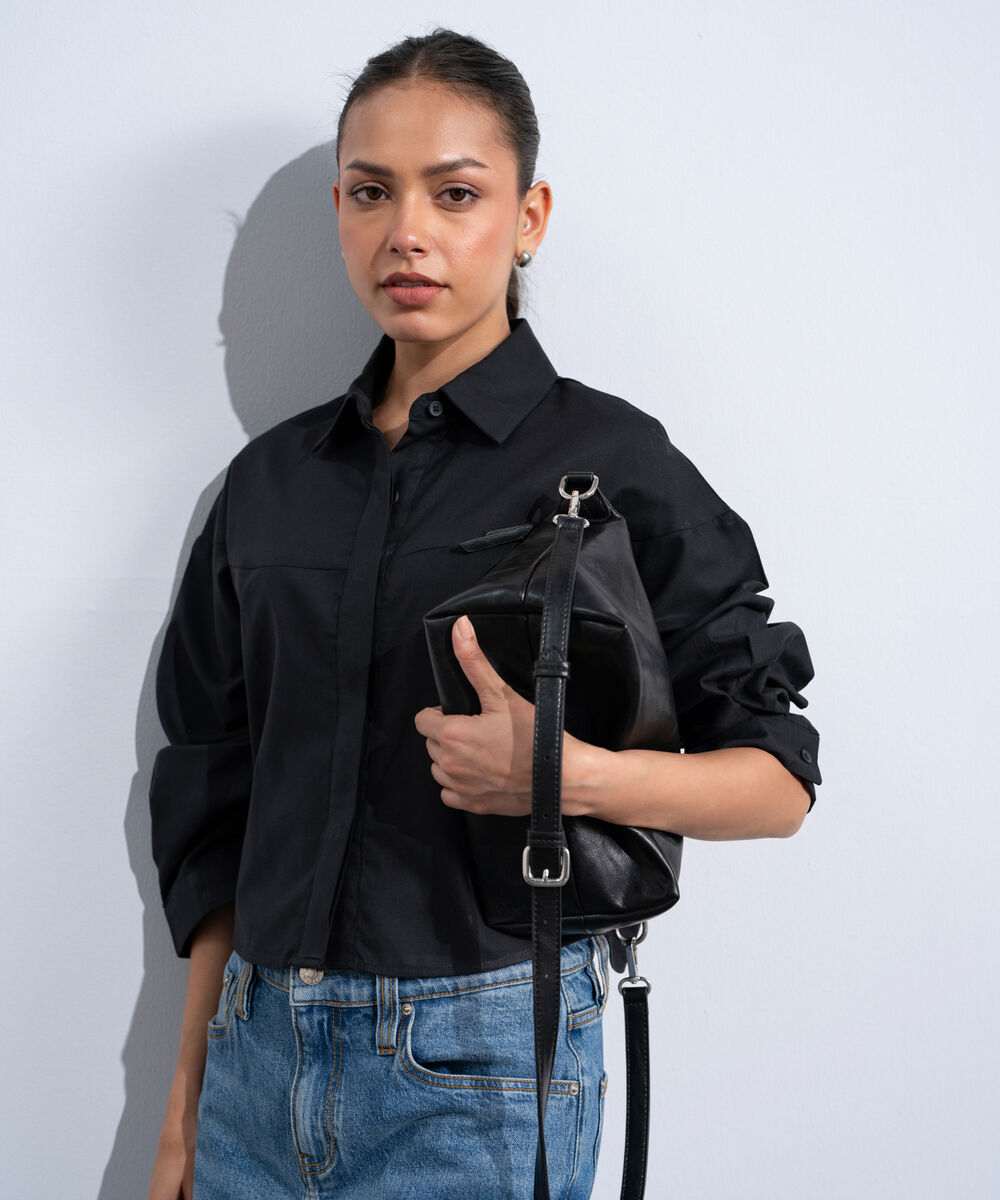Women's Western Black Short Body Oxford Shirt