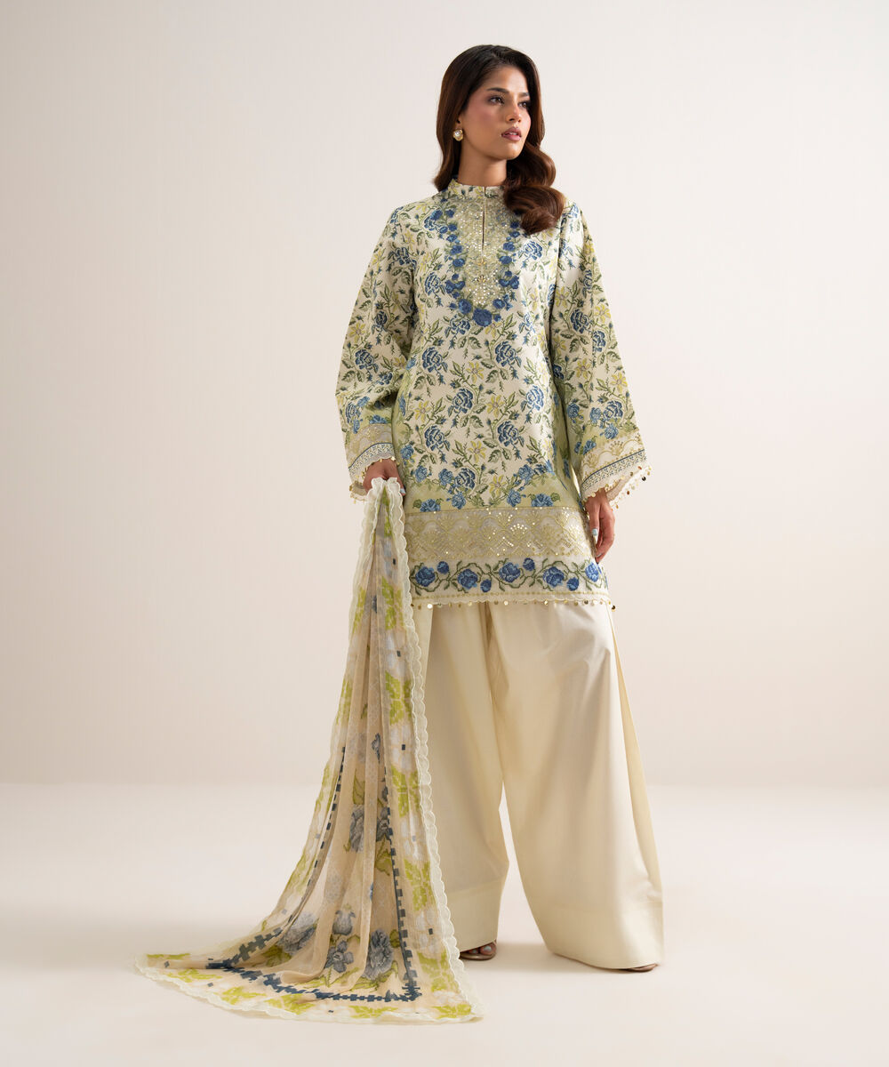 Women's Unstitched Zari Cotton Embroidered Multi 3 Piece Suit