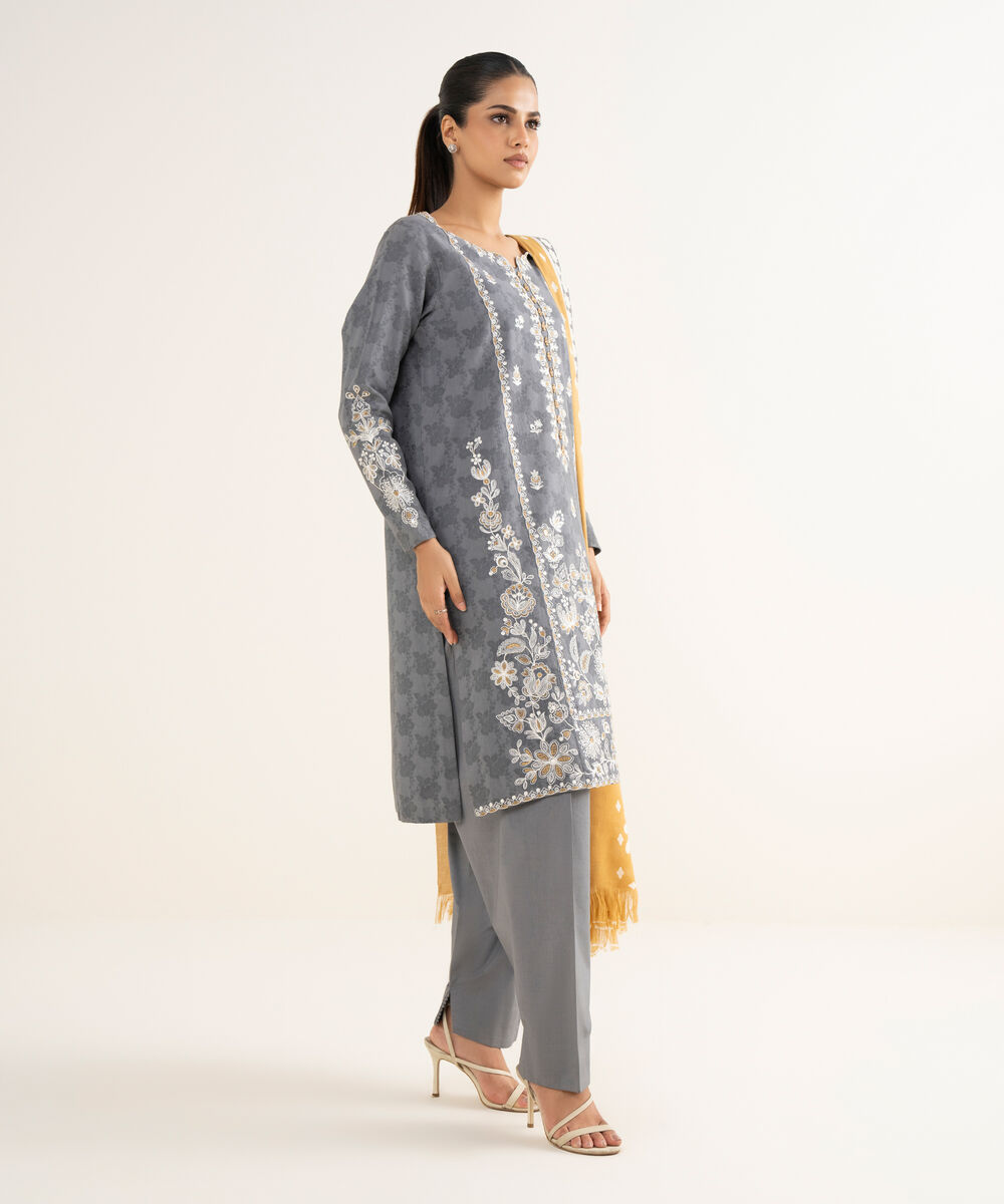 Women's Unstitched Cotton Jacquard Embroidered Grey 3 Piece Suit