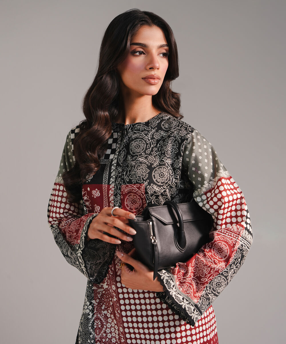 Women's RTW Cambric Printed Black Straight Shirt