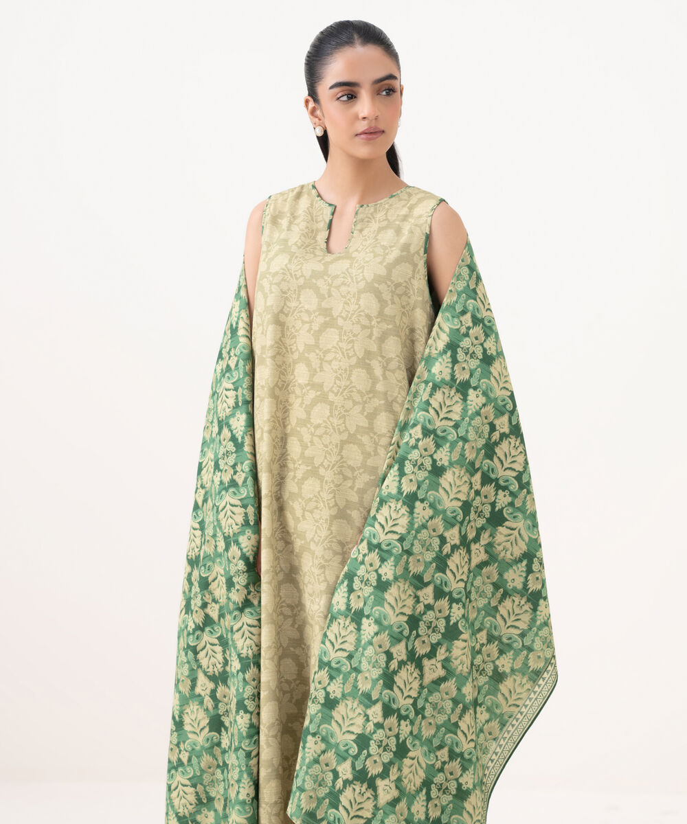 Women's Unstitched Khaddar Printed Beige 3 Piece Suit