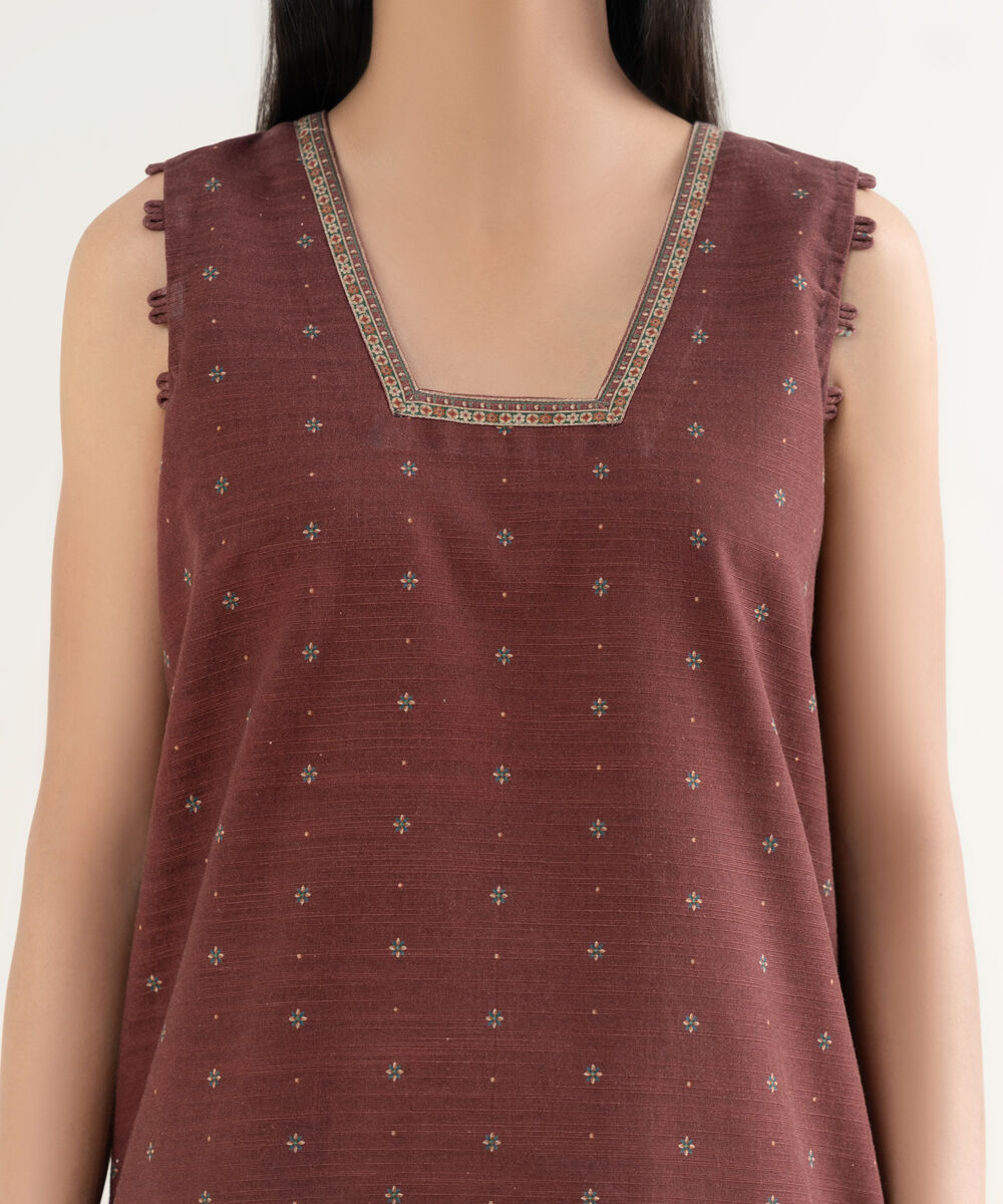 Women's Unstitched Printed Khaddar Maroon 3 Piece Suit