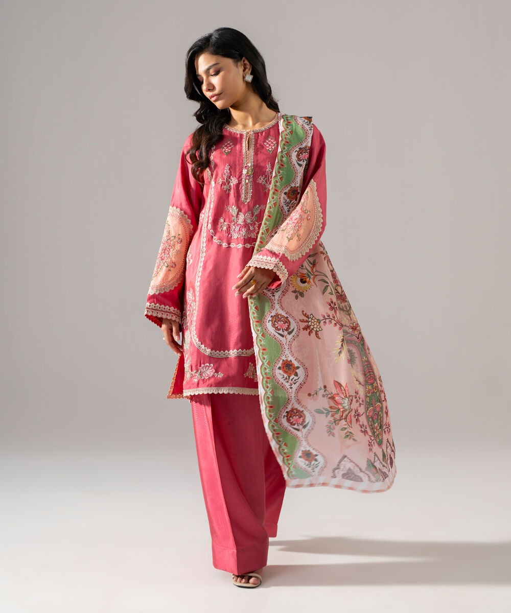 Women's RTW Bright Raw Silk Embroidered Pink 3 Piece Suit
