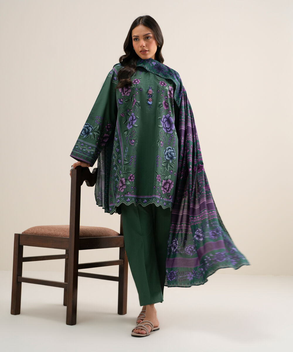 Women's Unstitched Printed Cotton Viscose Green 3 Piece Suit