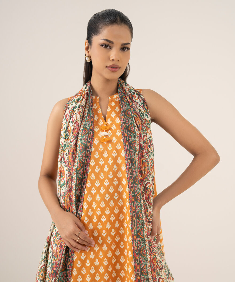 Women's Unstitched Cotton Printed Orange Three Piece Suit