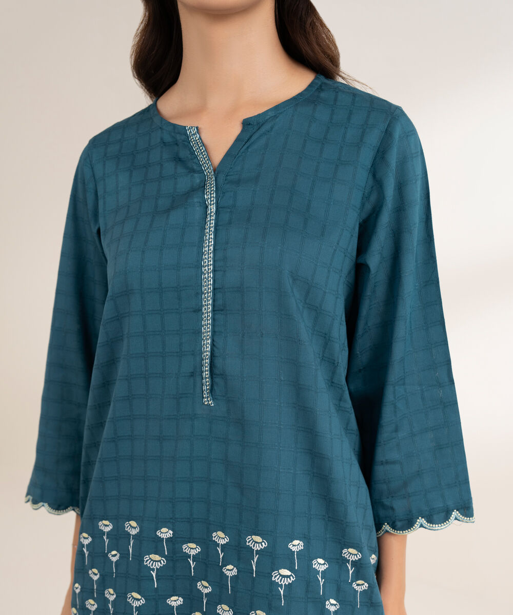 Women's RTW Textured Cotton Embroidered Straight Blue Shirt