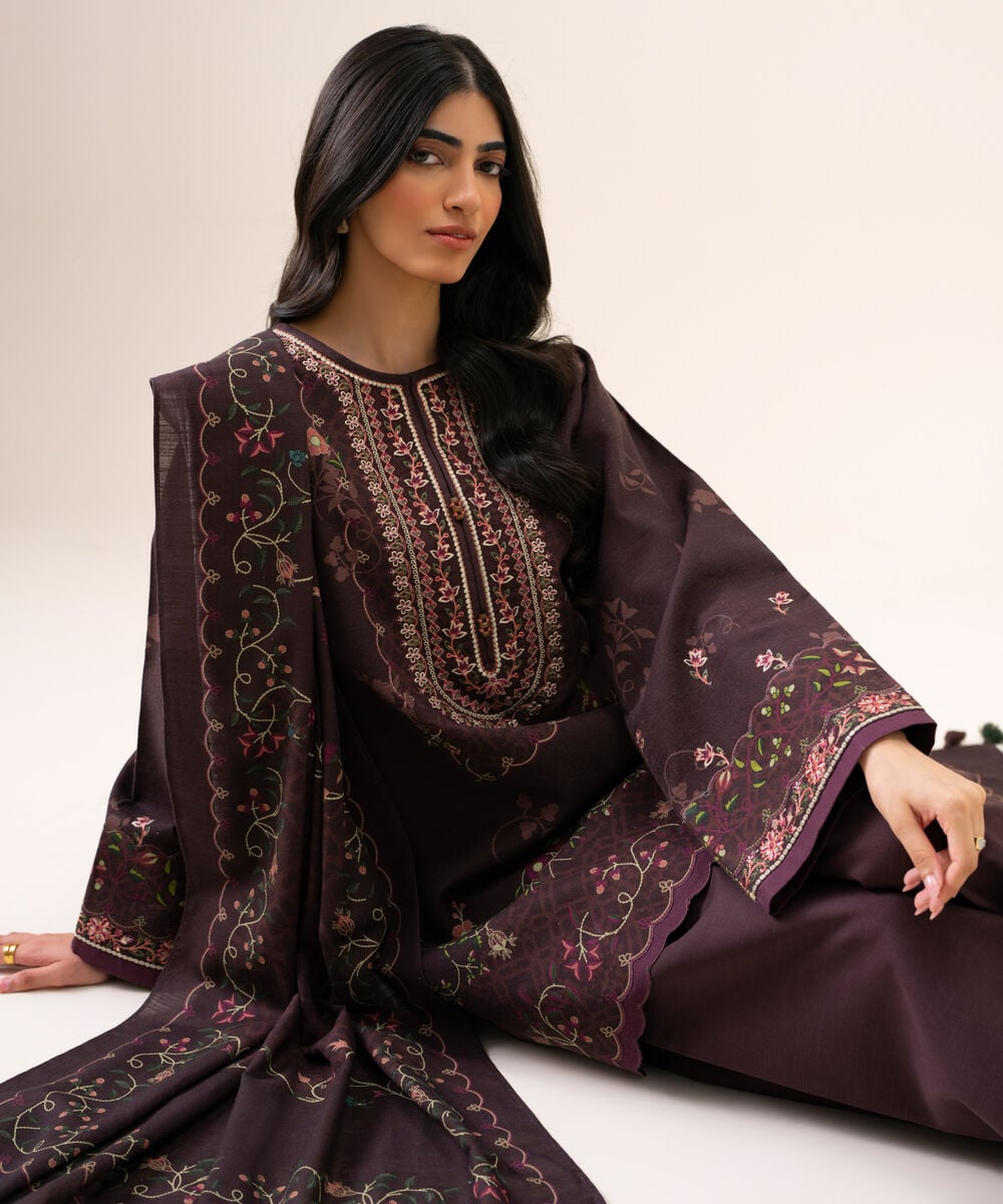Women's Unstitched Light Khaddar Embroidered Brown 3 Piece Suit