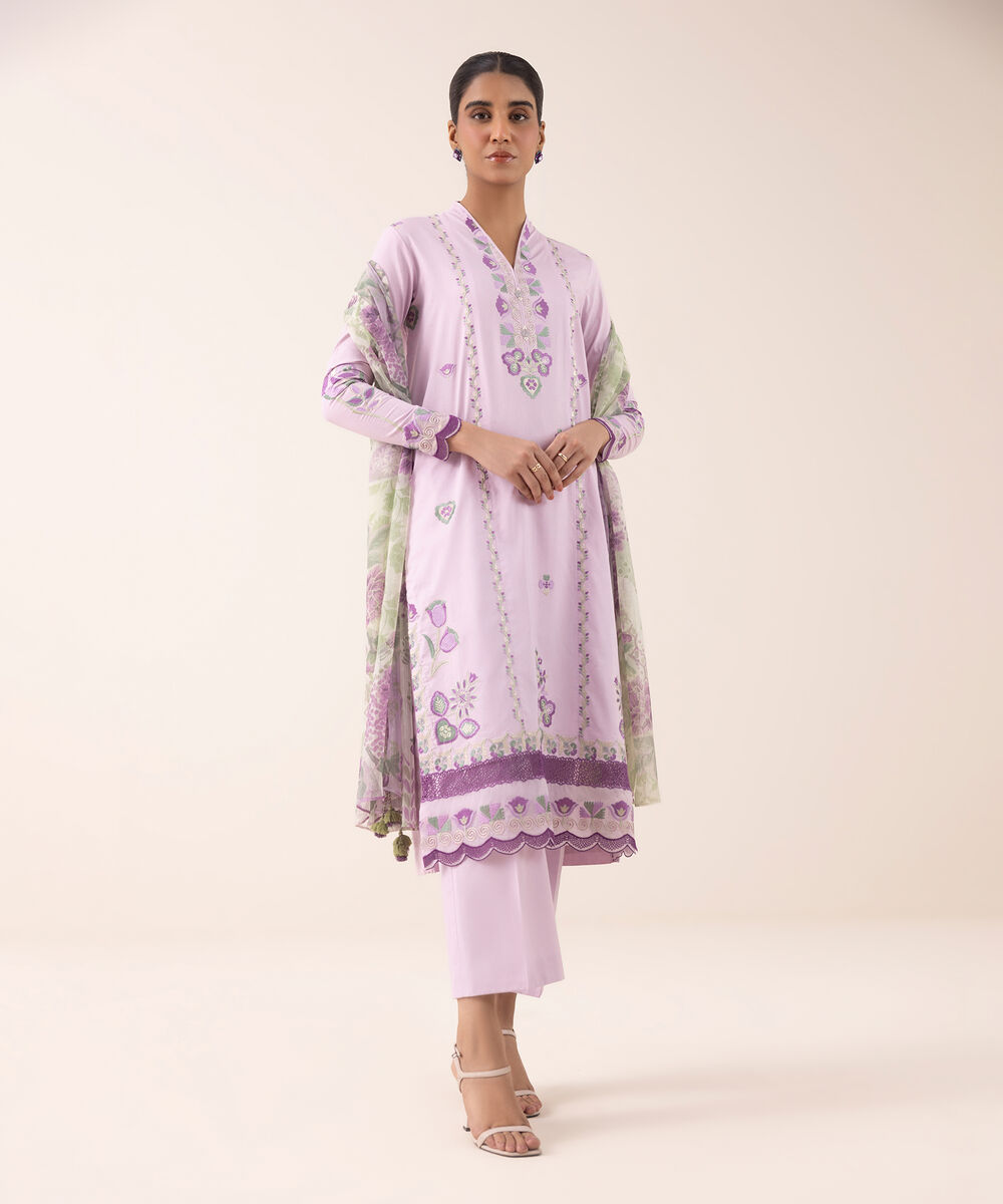 Women's Unstitched Textured Lawn Embroidered Purple 3 Piece Suit
