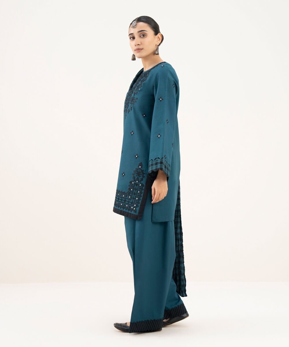 Women's Unstitched Cotton Embroidered Blue 3 Piece Suit