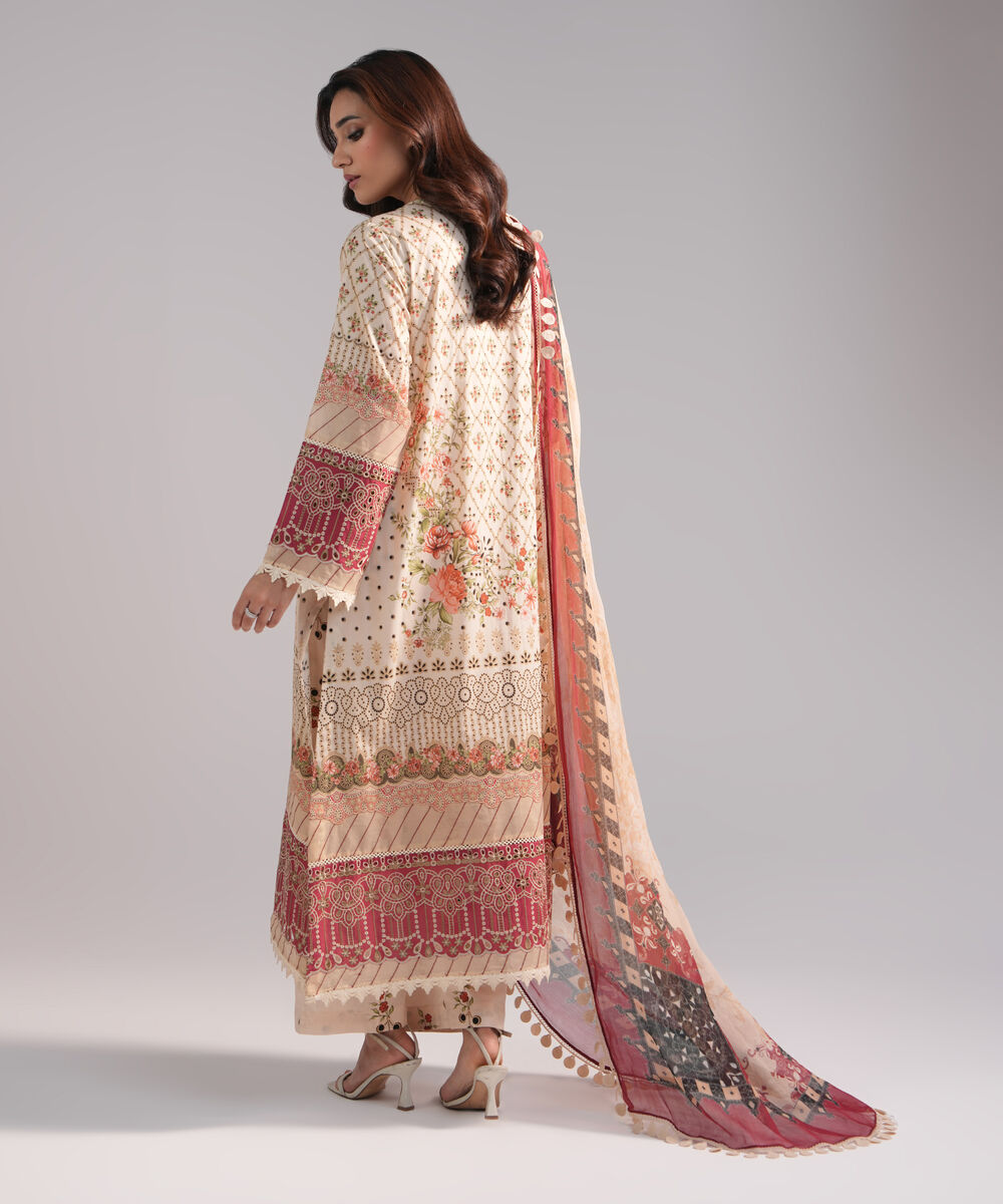 Women's RTW Lawn Embroidered Beige 3 Piece Suit