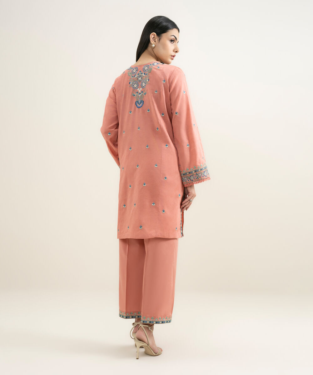 Women's RTW Self Jacquard Embroidered Pink Straight Shirt