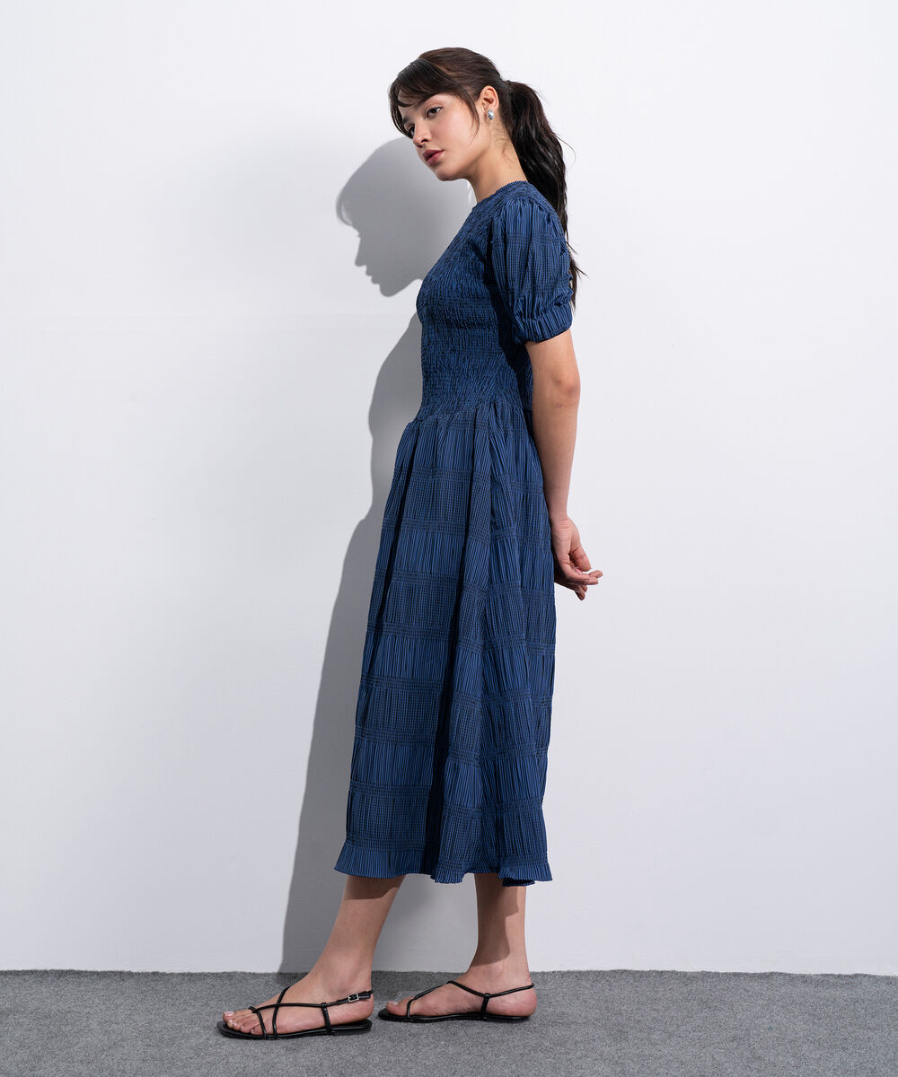 Women's Western Blue And Black Smocked Seersucker Gingham Dress