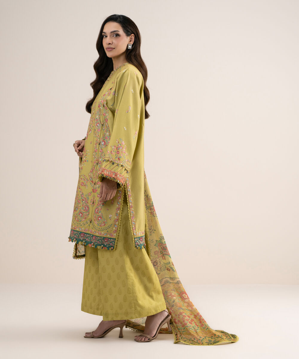 Women's Unstitched Embroidered Fine Cotton Satin Mustard 3 Piece Suit