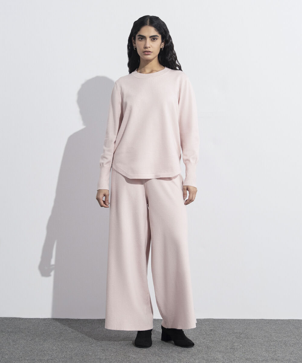 Women's Western Wear Powder Pink Knit Sweater With Round Hem