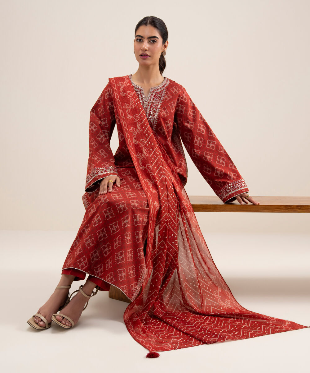 Women's Unstitched Lawn Embroidered Red 3 Piece Suit