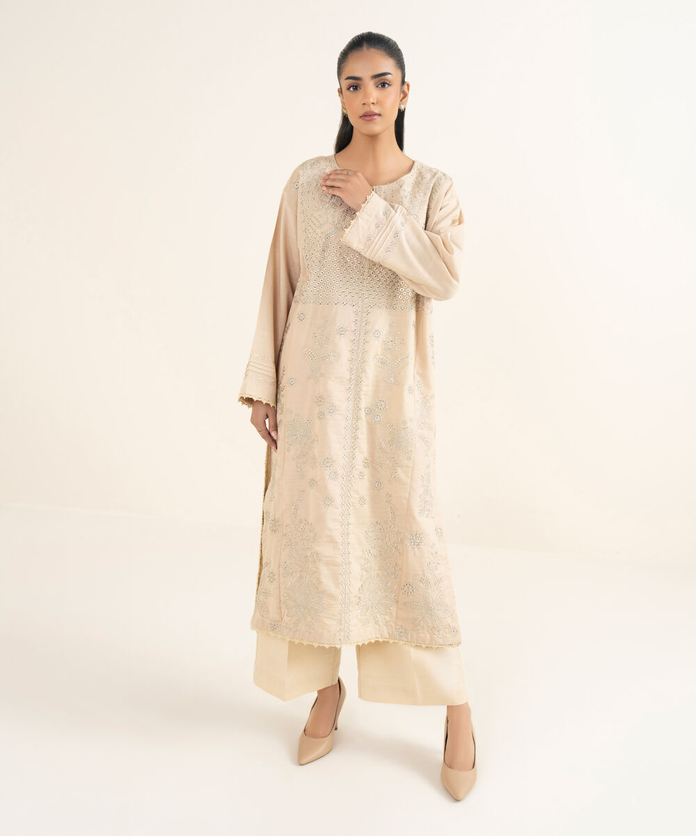Women's RTW Cotton Embroidered Beige A-Line Shirt