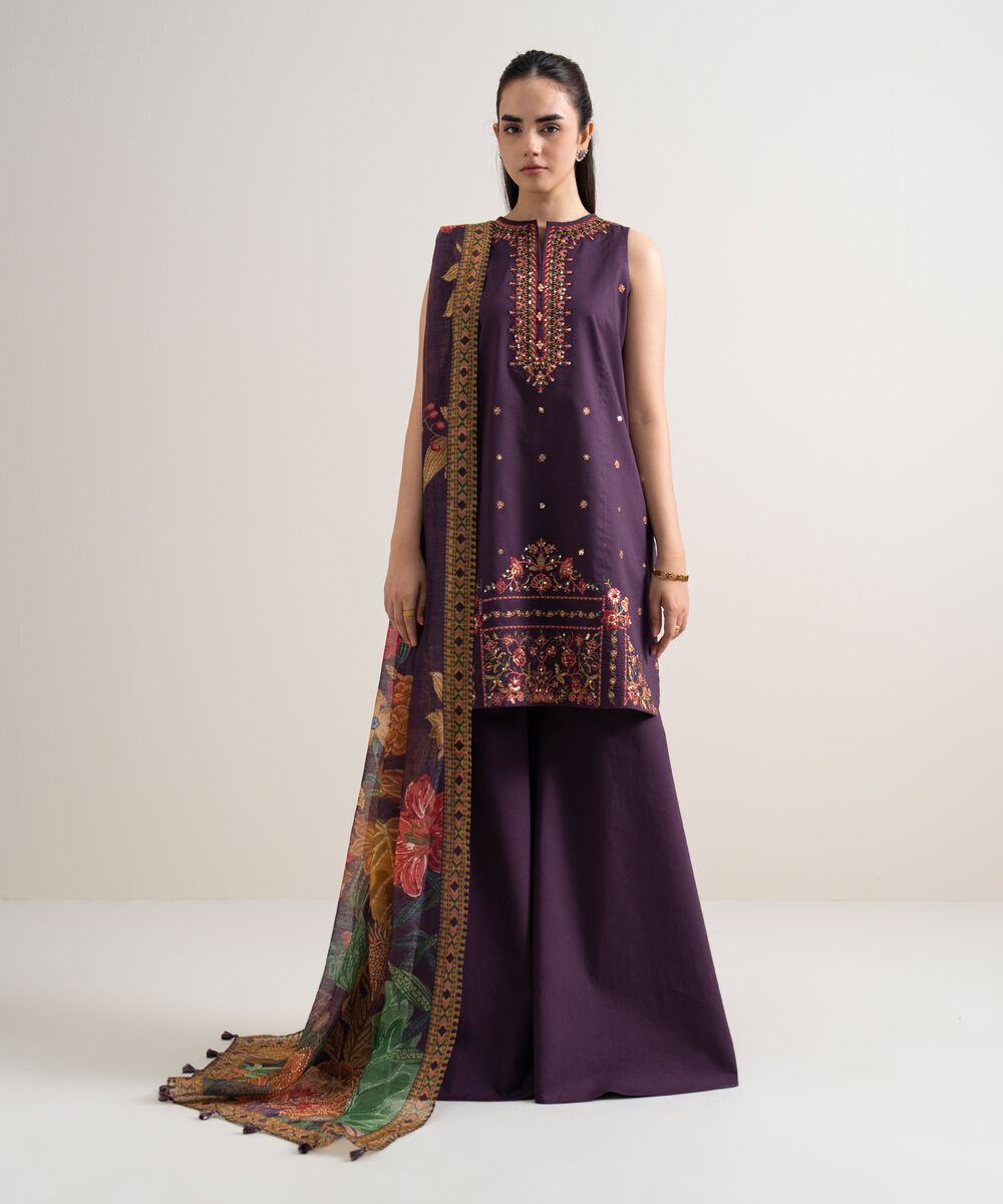 Women's Unstitched Fine Cotton Satin Embroidered Purple