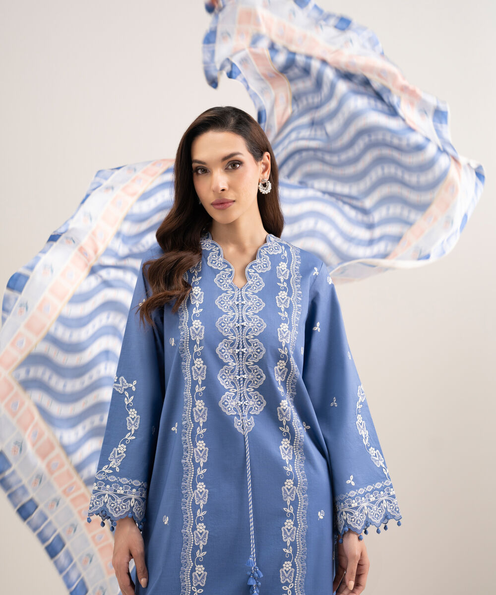 Women's Unstitched Textured Lawn Embroidered Blue  3 Piece Suit