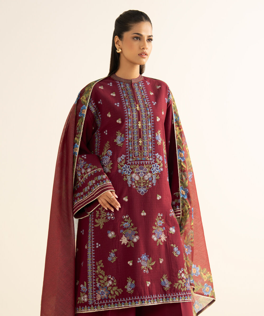 Women's Unstitched Dobby Embroidered Red 3 Piece Suit