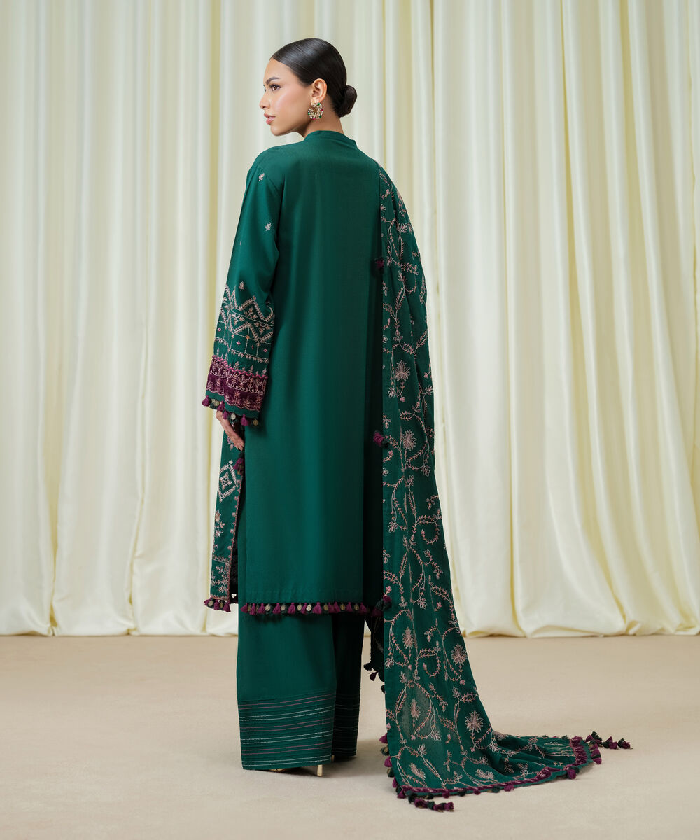 Women's Unstitched Cotton Karandi Embroidered Green 3 Piece Suit