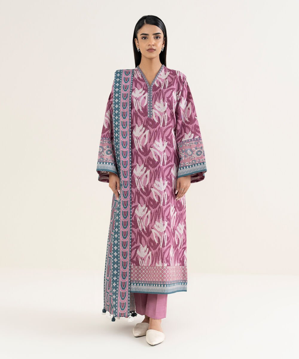 Women's Unstitched Printed Khaddar Pink and Off White 3 Piece Suit