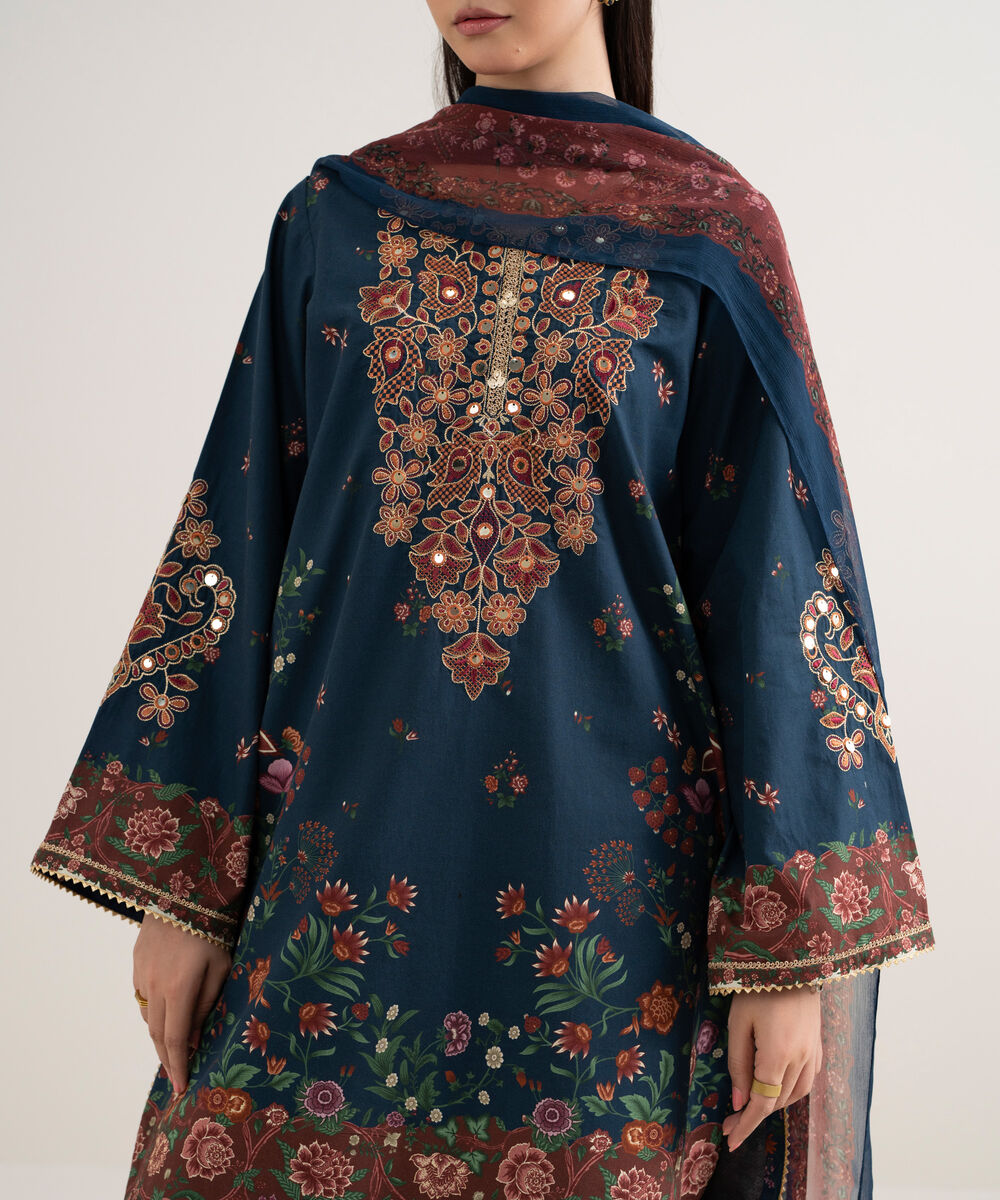 Women's Unstitched Cotton Embroidered Blue