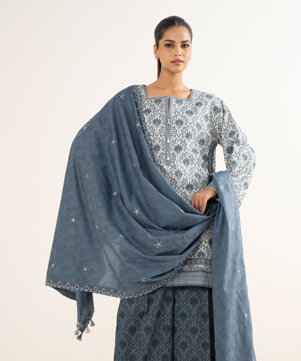 Women's Unstitched Cross Hatch Embroidered Grey 3 Piece Suit