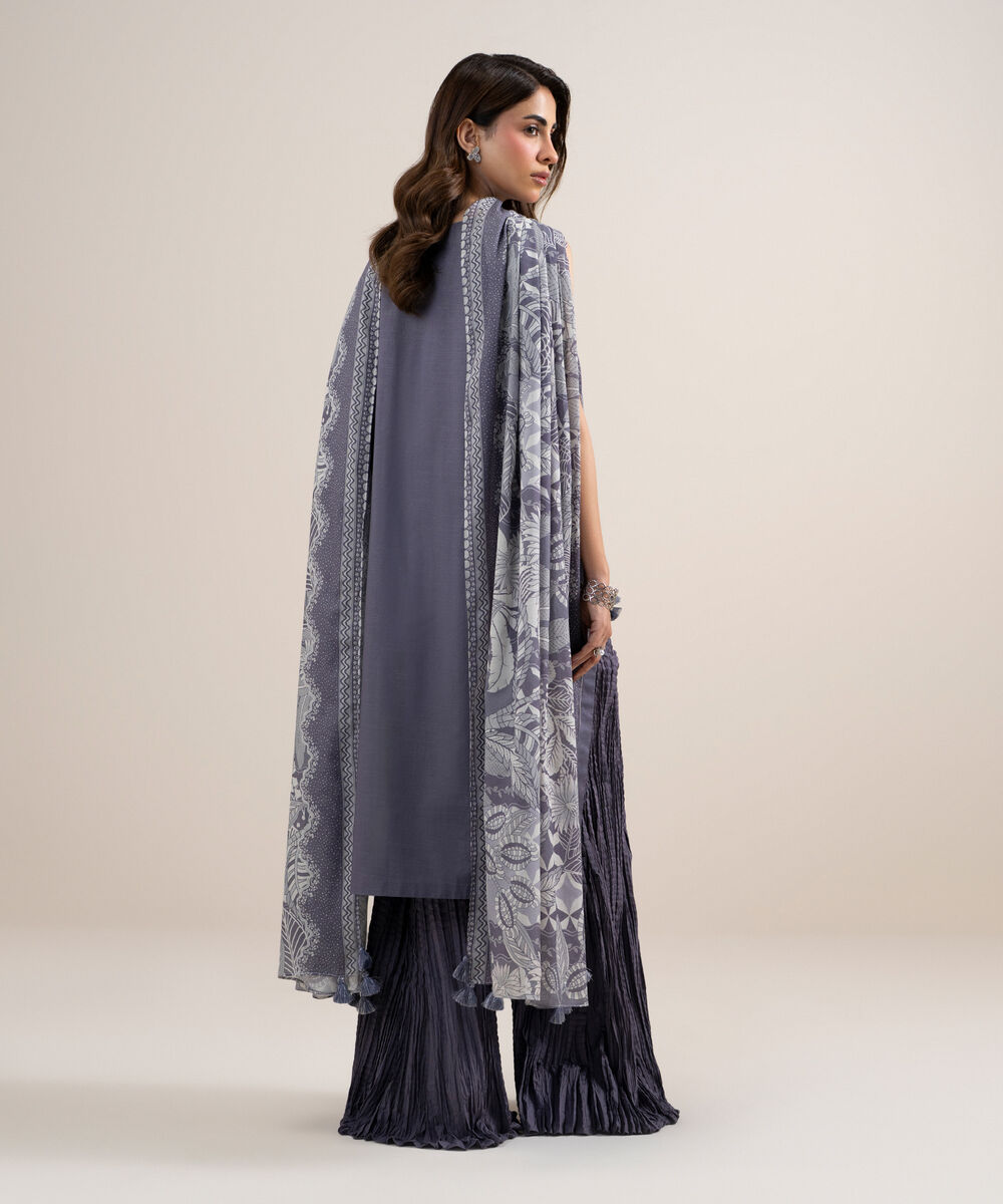 Women's Unstitched Textured Lawn Embroidered Purple 3 Piece Suit