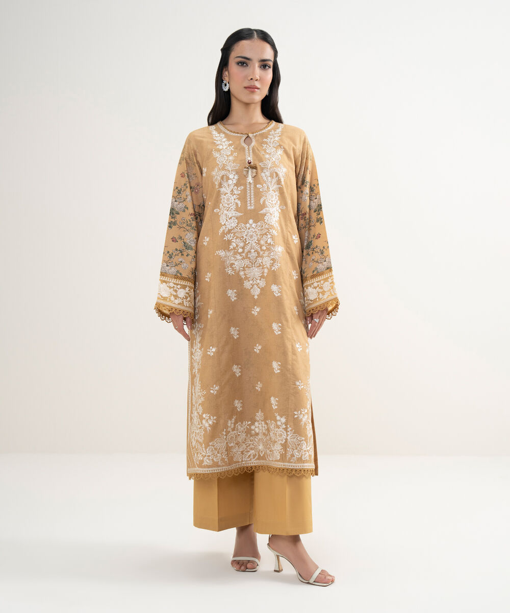 Women's RTW Zari Lawn Embroidered Sand Brown 2 Piece Suit