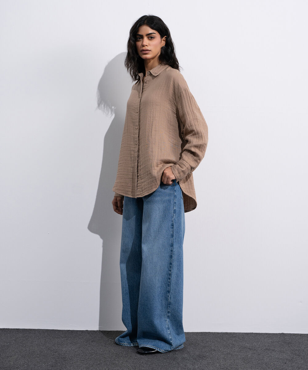 Women's Beige Loose-Fit Muslin Shirt