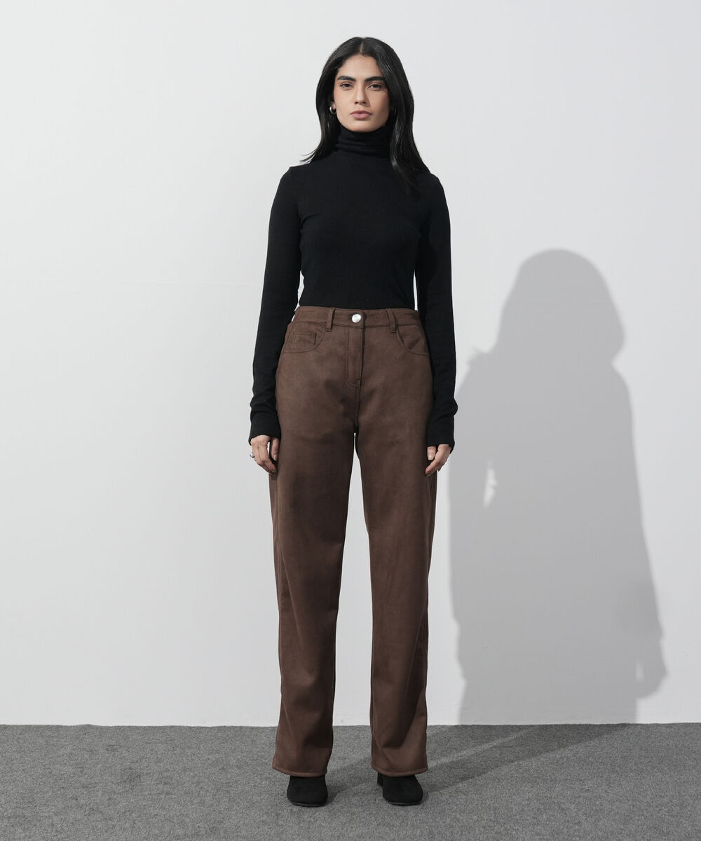 Women's Western Wear Brown Faux Suede Straight-Fit Trousers