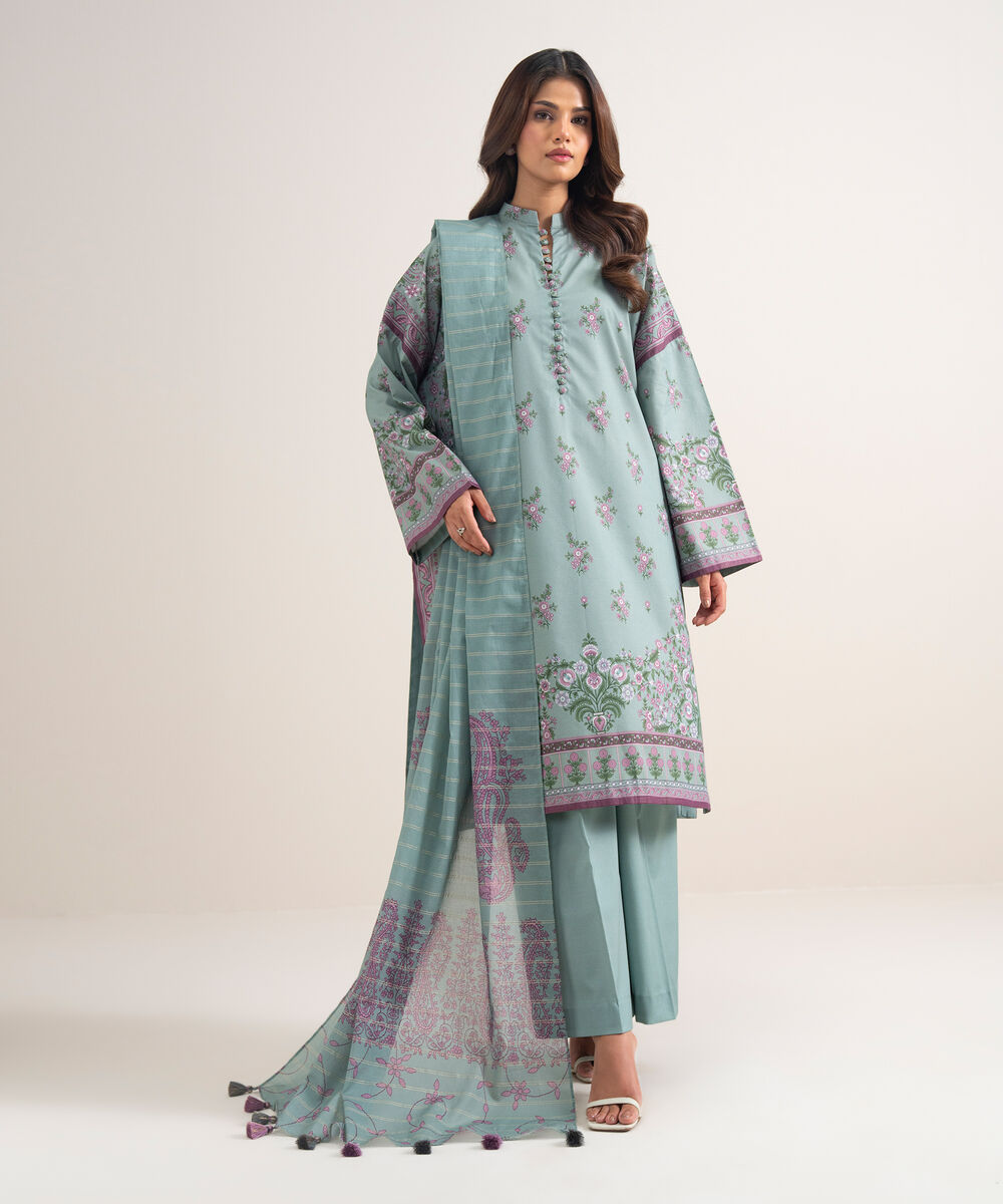 Women's Unstitched Zari Lawn Printed Grey 3 Piece Suit