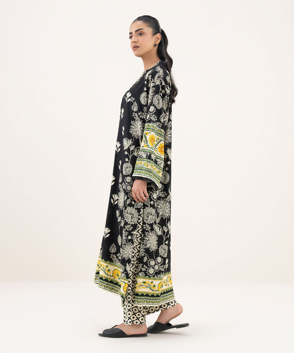 Women's RTW Viscose Linen Printed Drop Shoulder Black Shirt