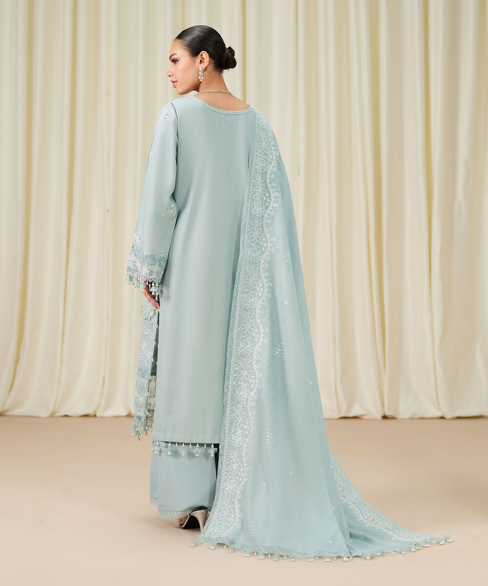 Women's Unstitched Embroidered Cotton Karandi Aqua 3 Piece Suit