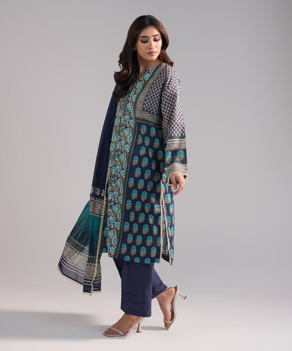 Women's RTW Lawn Printed Dark Blue 3 Piece Suit